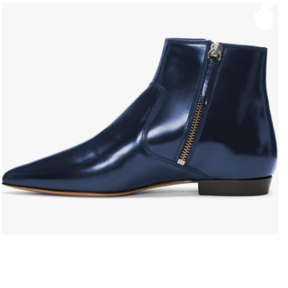 XYD Navy Pointed Toe Ankle Boots Low Heel Office Double Side Zippers Shoes - Picture 1 of 8